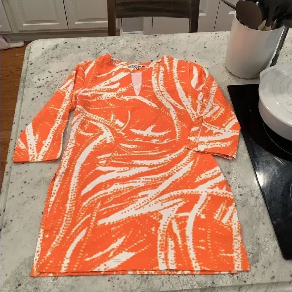 Barbara Gerwit Orange Print Scuba Tunic sz S EUC